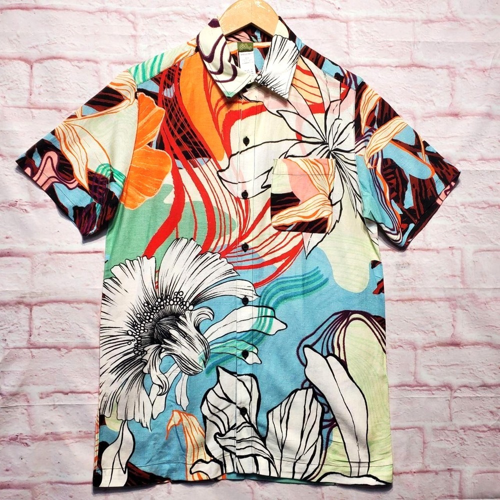 Agua Bendita Shirt Mens Small Multicolor Jack Tonka Floral‎ Linen Blend Resort